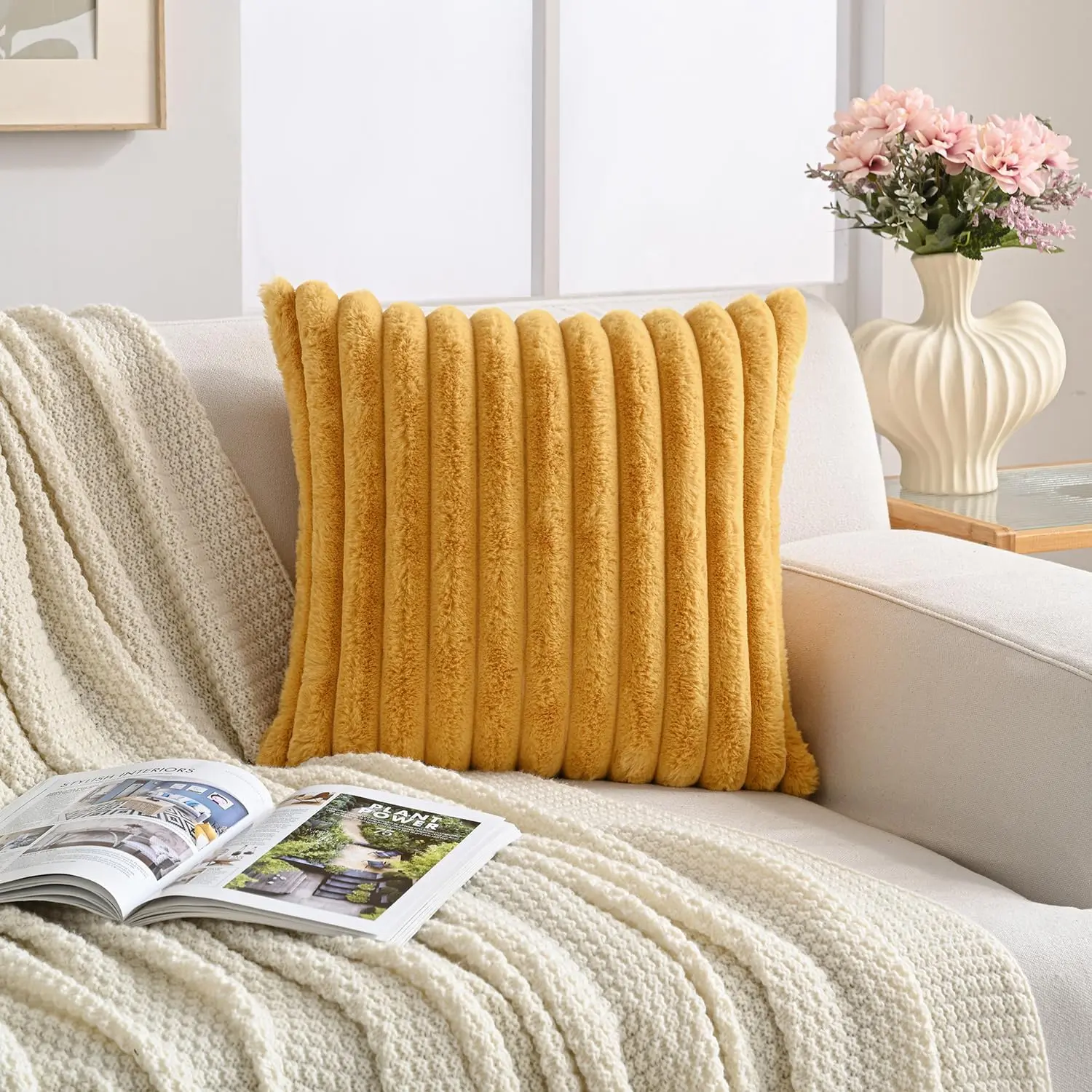 Pack of 1 Double-Sided Faux  Plush Decorative Throw Pillow Covers 18x18 Inches Soft  Striped Couch Pillow Cases, Mustard Yellow