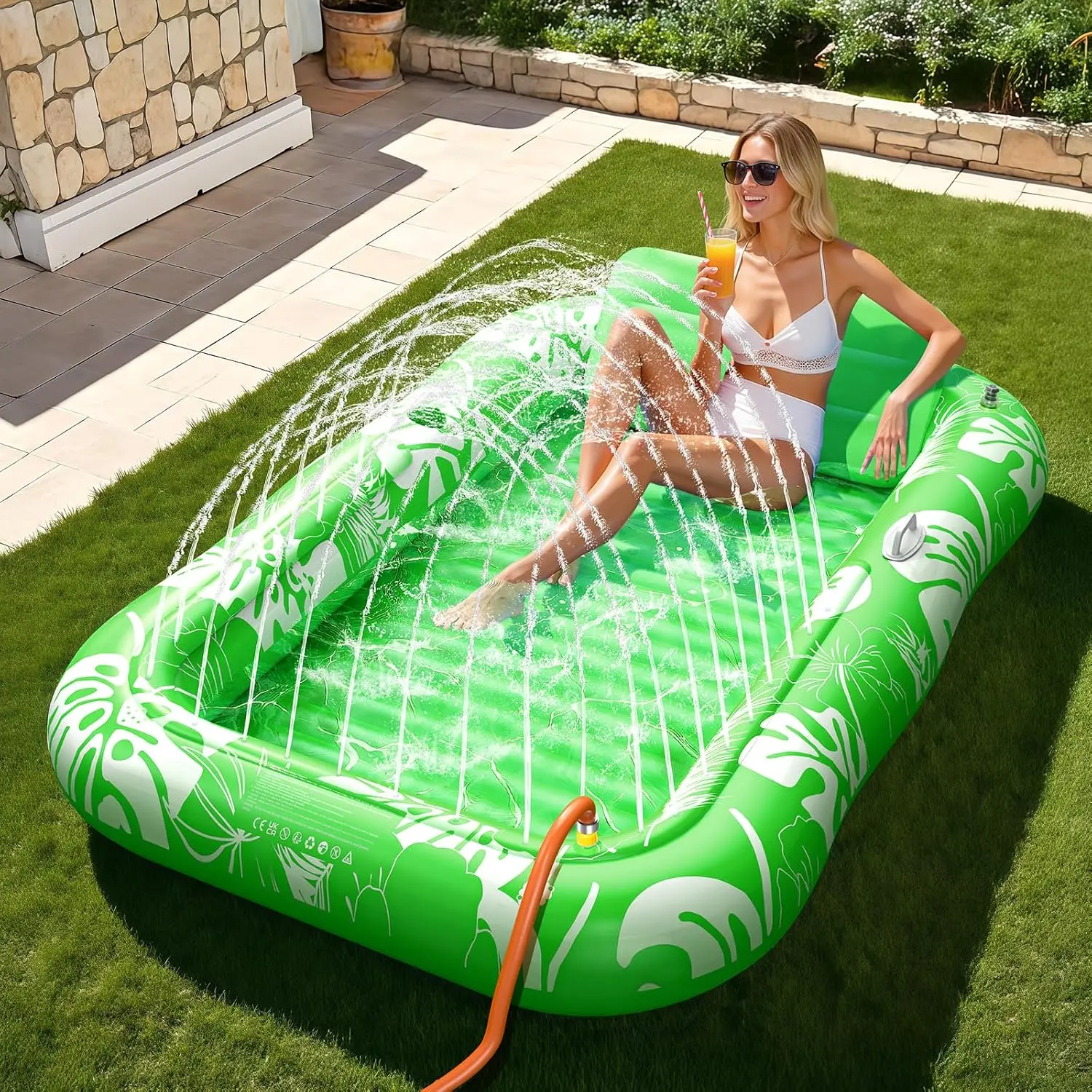Inflatable Tanning Pool Lounger Float with Sprinkler, 77" x 48" Pool Floats Adult with Pillow, 6 in 1 Suntan Tub Raft Floatie with Drink Holder Sunbathing Water Lounge