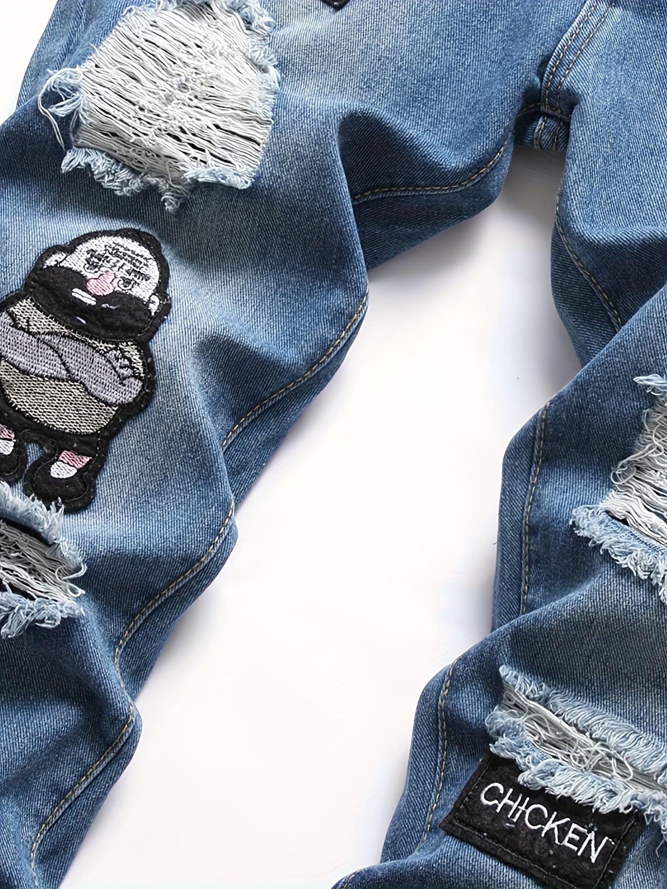 Men's Casual Skinny Fit Jeans, Ripped & Patchwork Embroidered Design, Men's Versatile Street Style Denim Pants For All Seasons