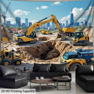 2D plane, [2D plane print] 1 vibrant construction site tapestry - 100% polyester fiber, with an architectural theme featuring excavators and bulldozers, perfect for decorating a young person's room, birthday parties, and photography studios, 2D plane