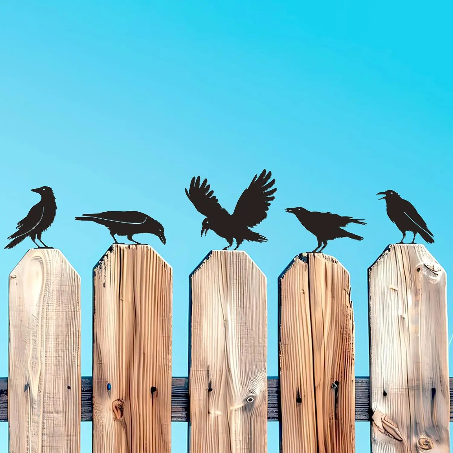 Raven Crow Fence Topper Decor, Metal Garden Birds Black Silhouette Statue, Halloween Witchy Gothic Ornament for Yard Fence,  Crow  Garden Decoration (Rustic)