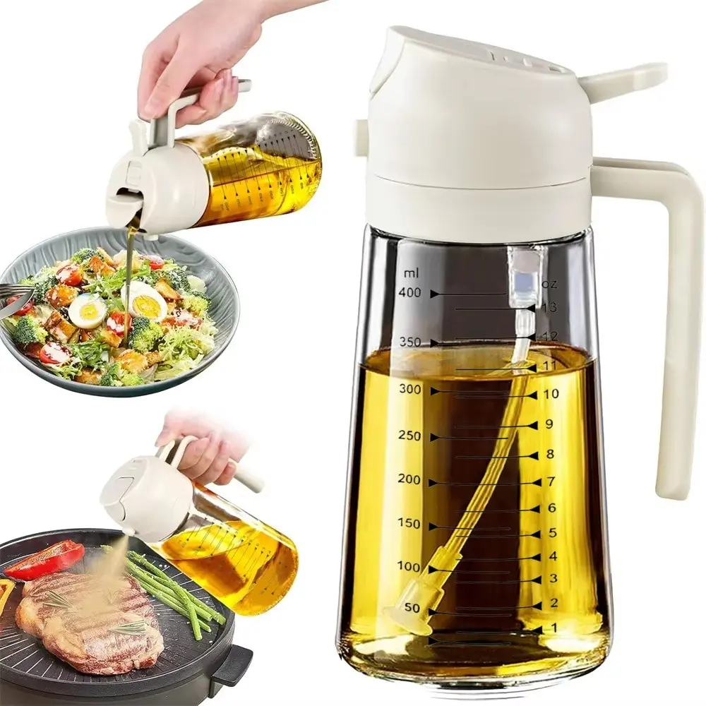 470ml Oil Sprayer for Cooking, Oil Mister Spray Bottle for Cooking, 2-in-1 Spray and Pour Olive Oil Dispenser with Scale, Large Plastic Seasoning Bottle for Air Fryer, Salad, BBQ, Grilling, Kitchen Baking Essentials, White