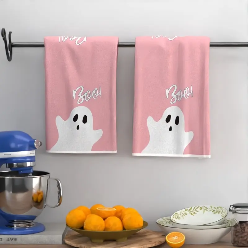 2-Pack Ultra-Soft Halloween Towels, 16x24 Inches - Pink with Playful "BOO!" Design; Perfect for Kitchen and Bathroom Decor; Durable, Lightweight Polyester; Machine Washable; Ideal for Spooky Celebrations and Haunted House Accessories.