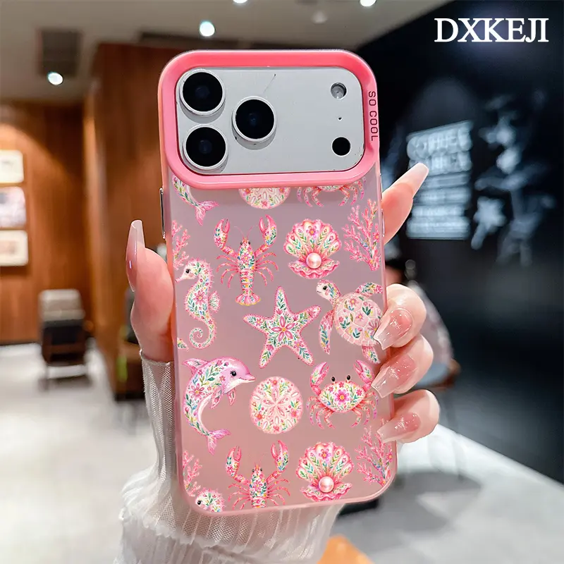 Customized Pink Floral Marine Life Turtle Dolphin Pattern TPU Phone Case for iPhone 17,16 E Pro Max,15 Plus,14,13,12,11,Air - Aesthetic Simple Fashion Multi-Model Accessory, Scratch Resistant, Shock Resistant, Durable Protection