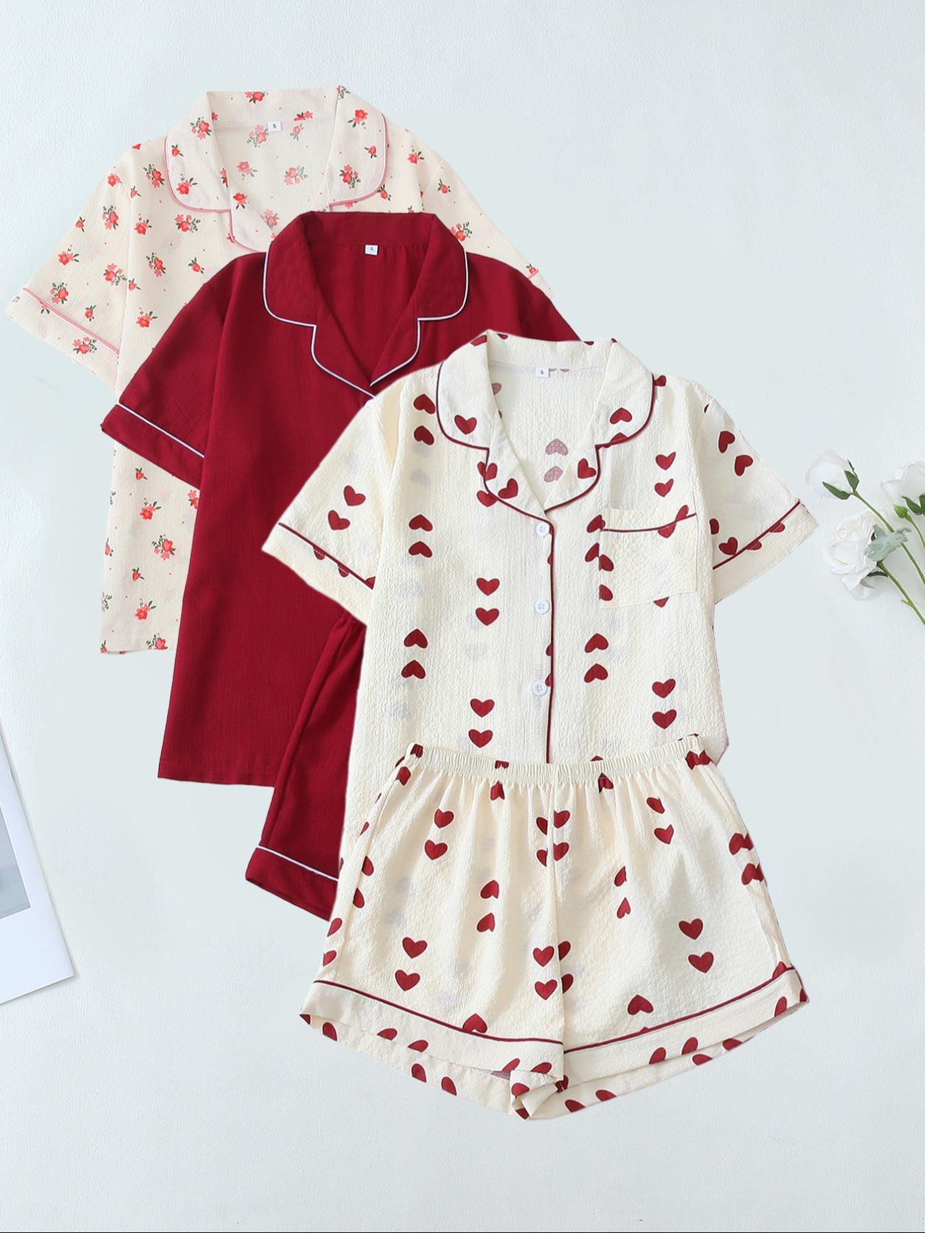 Women's Heart/All Over Fruit Print Contrast Binding Pyjama Set, Short-Sleeve Lapel Neck Button Up Top & Elastic Waist Shorts PJ Set, Casual Comfy Loungewear Set for Women, Nightwear Pajamas