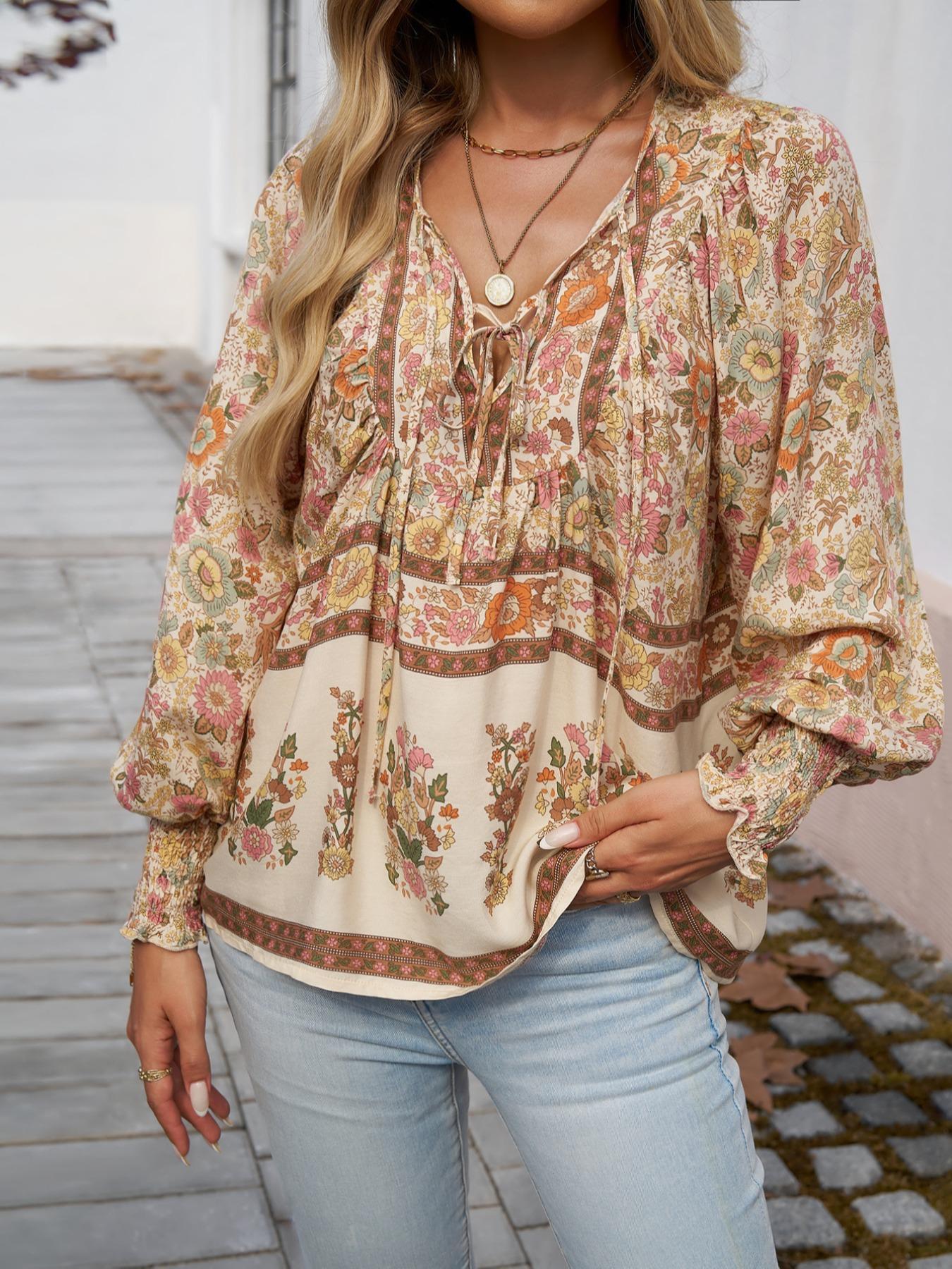 Women's All Over Boho Style Floral Print Tie Front Long Sleeve Blouse, Boho Cottagecore Blouse, Boho Chic Sleeve, Boho Casual V Neck Longsleeves Bishop Sleeve Frill Trim Top for Fall & Winter
