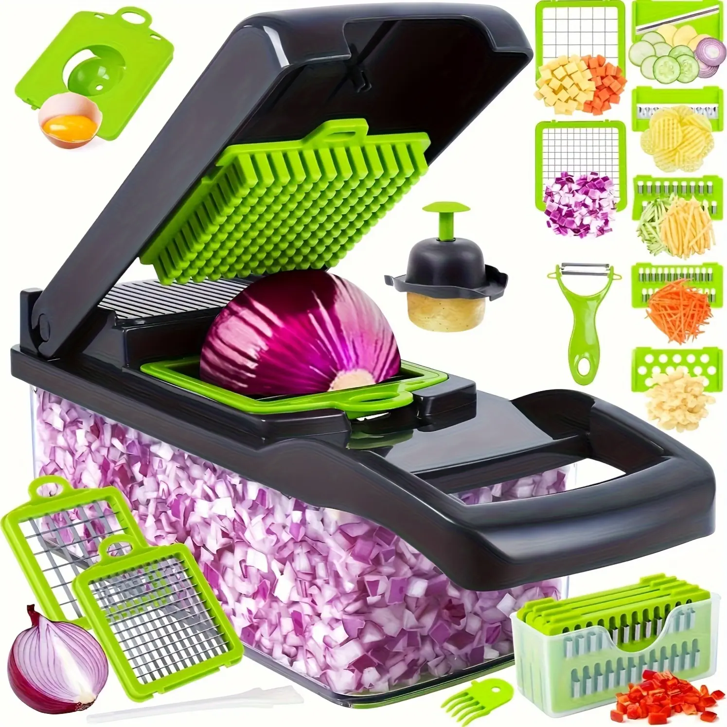 16-in-1 Multi-Function Vegetable Slicer and Cutter Kit - Manual Food Processor with Container, Drainage Basket and Hand Guard - Great for Potatoes, Onions, Carrots, Garlic - No Electricity Required, Green and Black, Vegetable Slicer and Cutter
