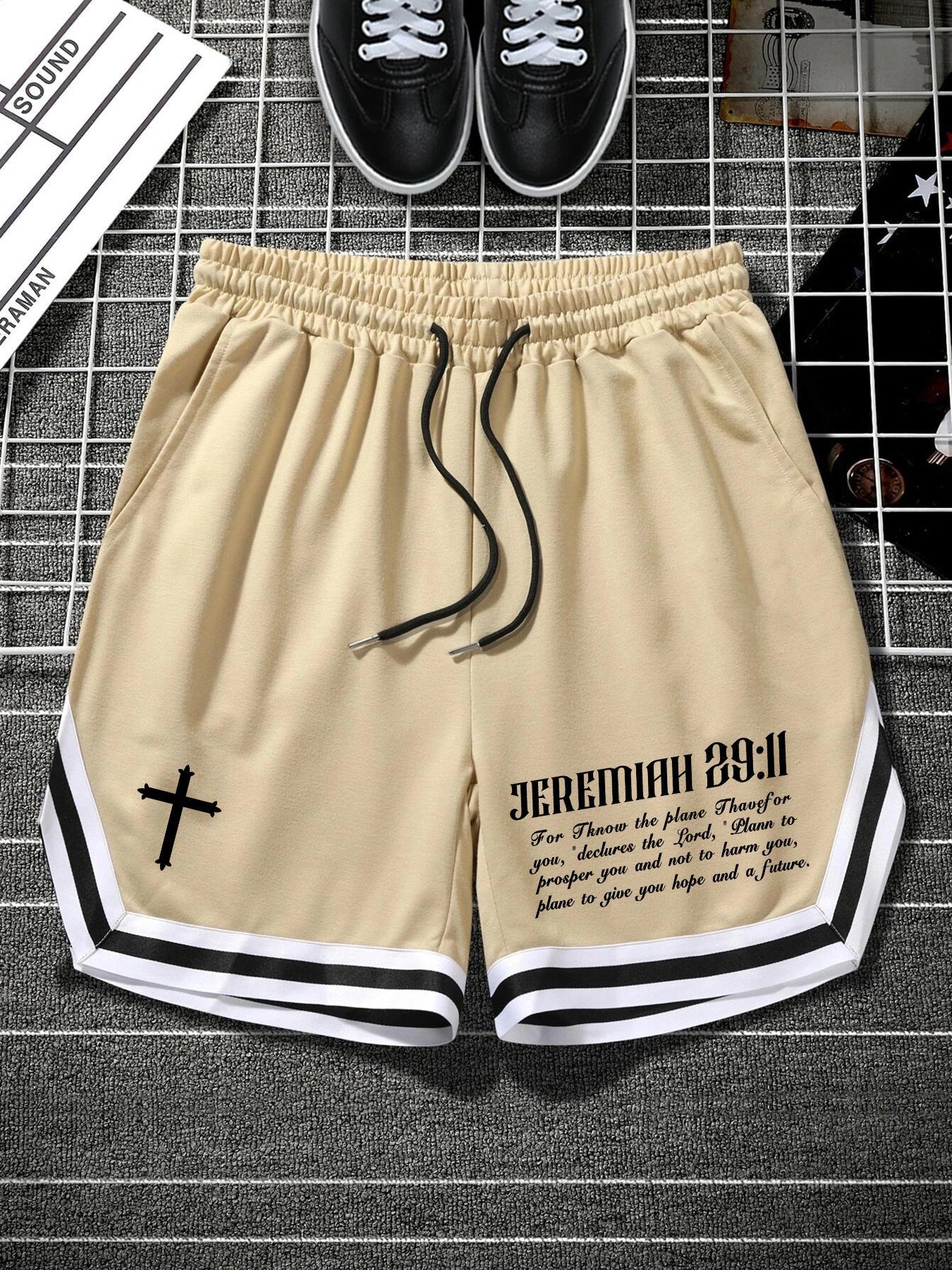 Men's Cross & Letter Print Drawstring Baggy Shorts, Loose Casual Streetwear Striped Trim Elastic Waist Pocket Track Shorts Polyester for Summer, Fashion Men's Baggy Bottoms for Daily Wear