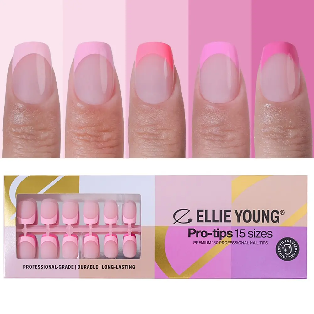 ELLIE YOUNG PRO-TIPS Short Square Pink Pastel French Tips, 150pc Press-On Nails Kit – 15 Sizes, Matte Gel Acrylic Look, Soft Gel DIY Extensions