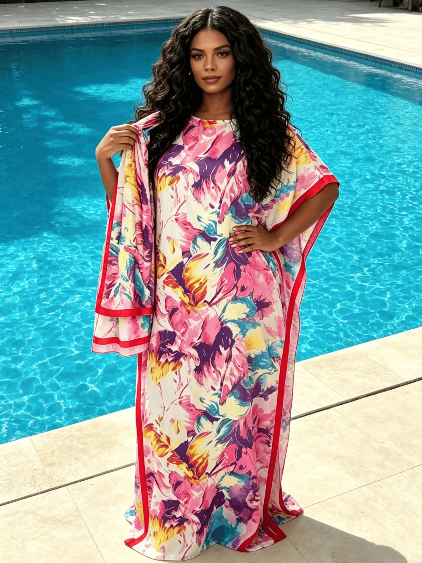 Luxury Hot Fix Rhinestone Border Bright Watercolor Big Flower Print Kaftan Two Piece Set, Oversized Flowy Split Maxi Dress, Soft Light Glam Boho Style Resort Wear Pool Gala Evening Party Outfit With Matching Printed Scarf For Women