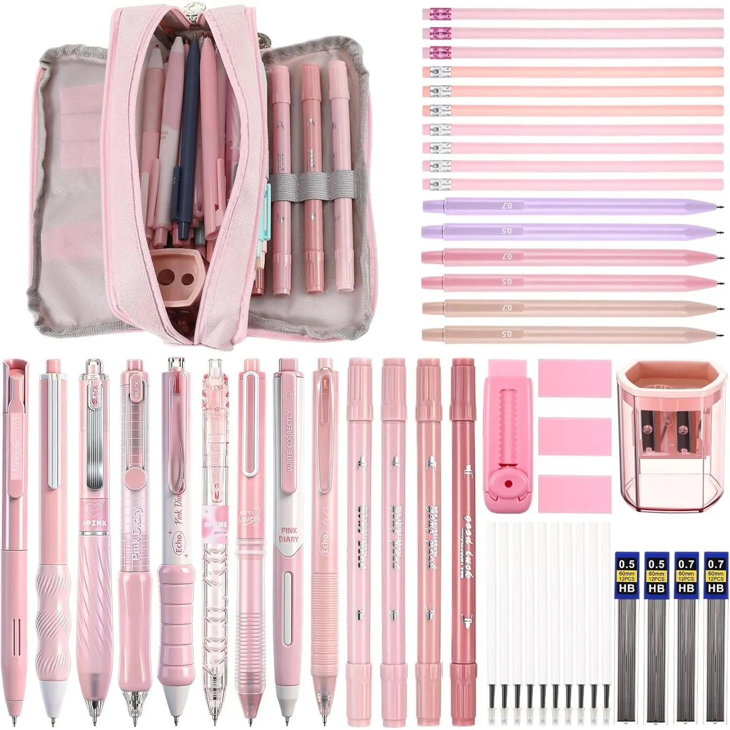 56 Pcs Aesthetic School Supplies Set with Large Capacity Pencil Case - Ballpoint Pens, Highlighters, Mechanical Pencils, Erasers, Pencils, Sharpener for Office & WritingGift