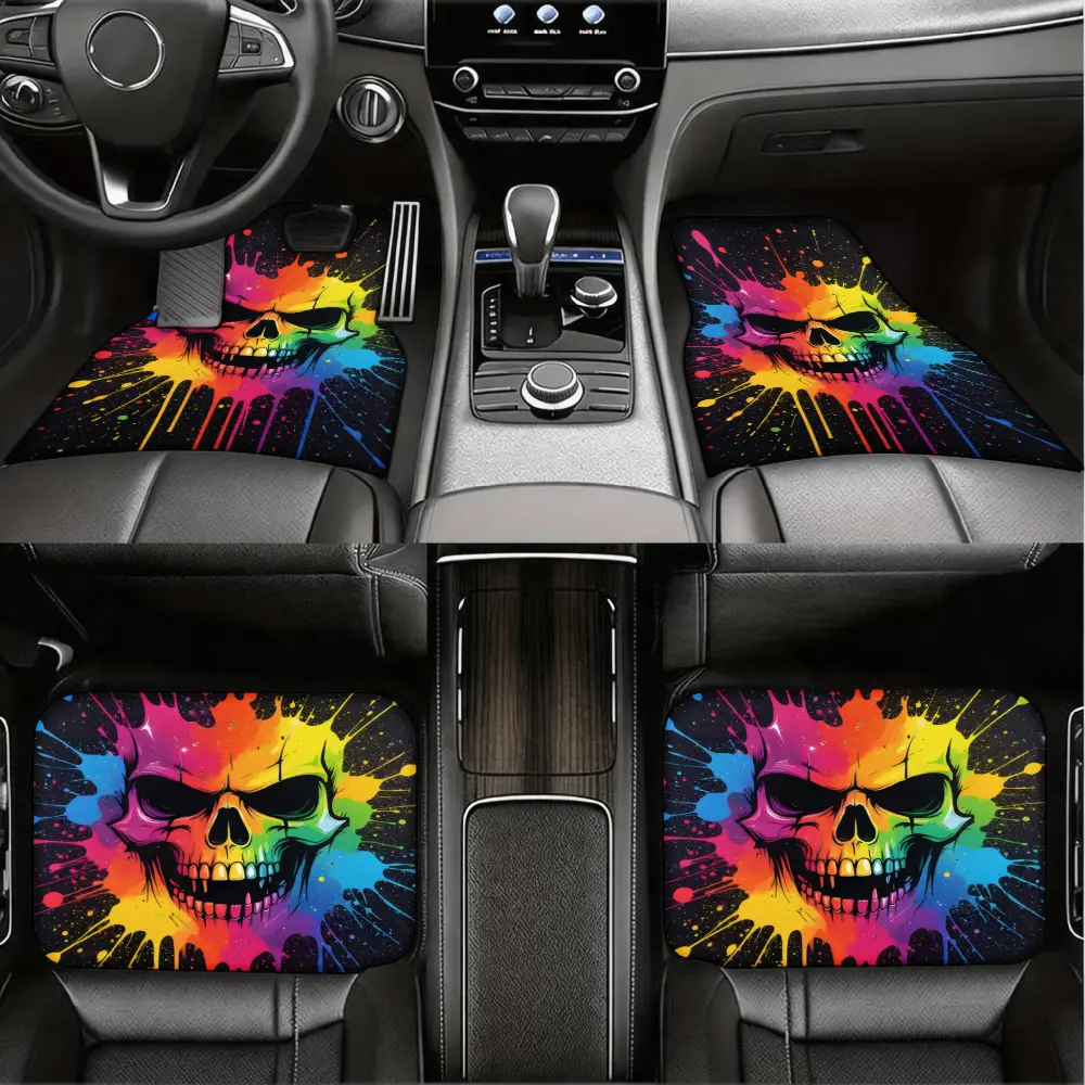 Custom Car Floor Mats, Universal Auto Floor Liners, Vibrant Rainbow Skull Splash Art Design, Non-Slip Rubber Backing With Easy Clean Surface, For Men Women Drivers And Car Enthusiasts, 4 Piece Full Set Front And Rear