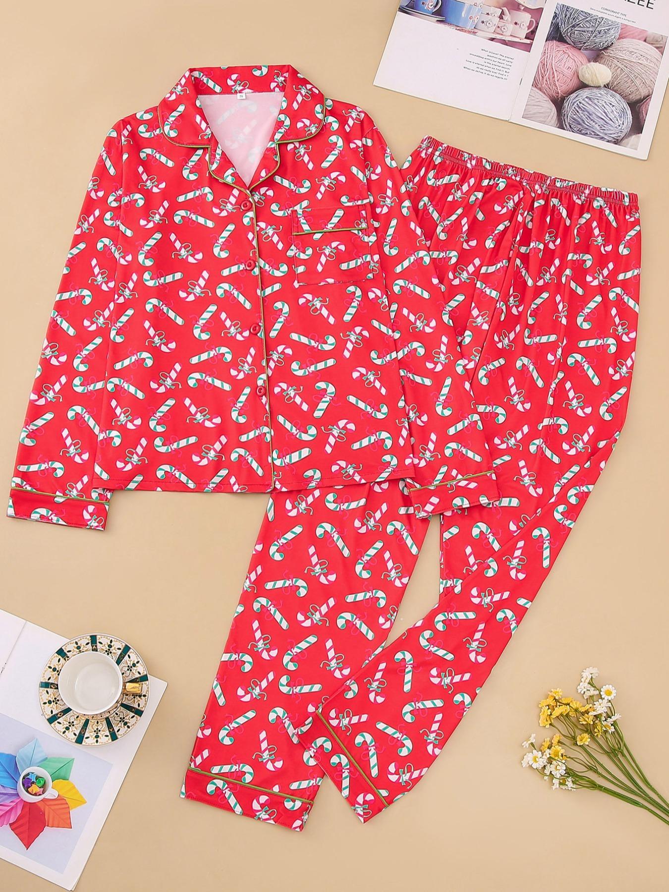 Two-piece Set Women's Christmas Print Button Front Pocket Shirt & Elastic Waist Pants Pyjama, Casual Comfy Long Sleeve Collared Top & Trousers Pyjama Set, Women's Sleepwear Loungewear for Spring & Fall, Pajama Set