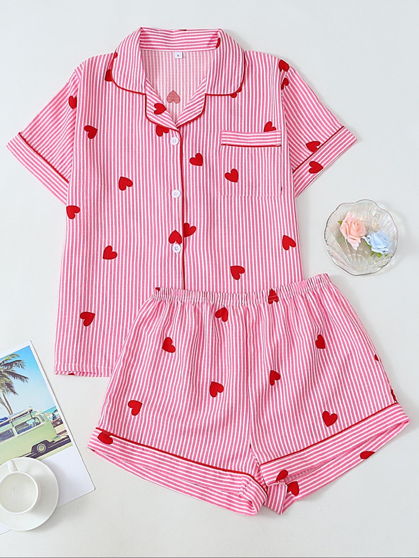 Valentine's Day Spring Summer Romantic Blue Striped Heart Elegant Short Sleeve Shorts Pajama Set for Women, Cute Fitted Homewear Loungewear Nightwear