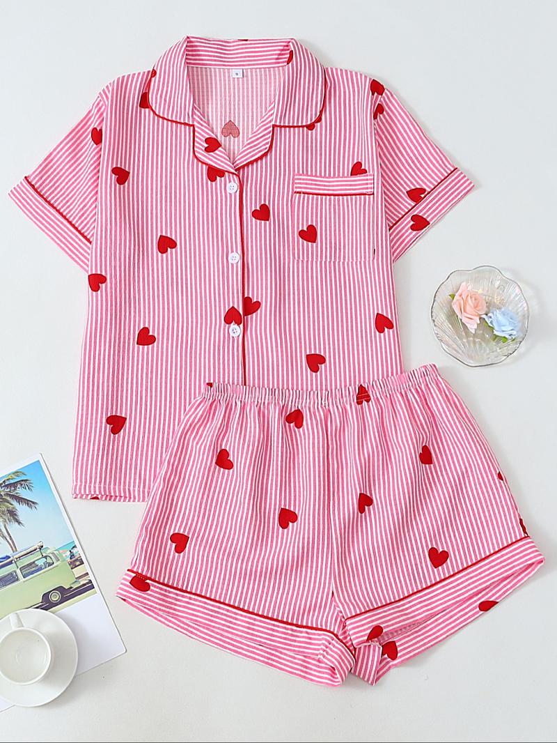 Valentine's Day Spring Summer Romantic Blue Striped Heart Elegant Short Sleeve Shorts Pajama Set for Women, Cute Fitted Homewear