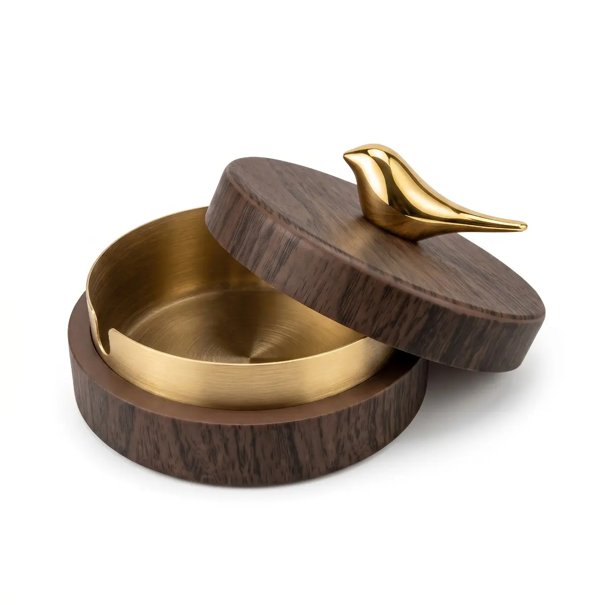 Bird Shaped Ashtray with Lid, Windproof Desktop Ashtray with Easy Clean Stainless Steel Liner and Wood Grain Finish, Compact Cigarette Ash Holder for Home, Office, Study, Balcony and Everyday Tabletop Use