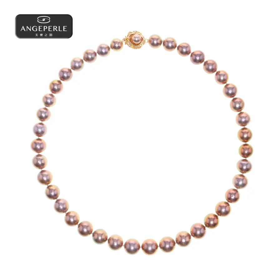 ANGEPERLE Classic Round Alloy Pearl Necklace, 9-11mm and 6-9mm Edison Freshwater Pearl Design, Model TSHMS02M