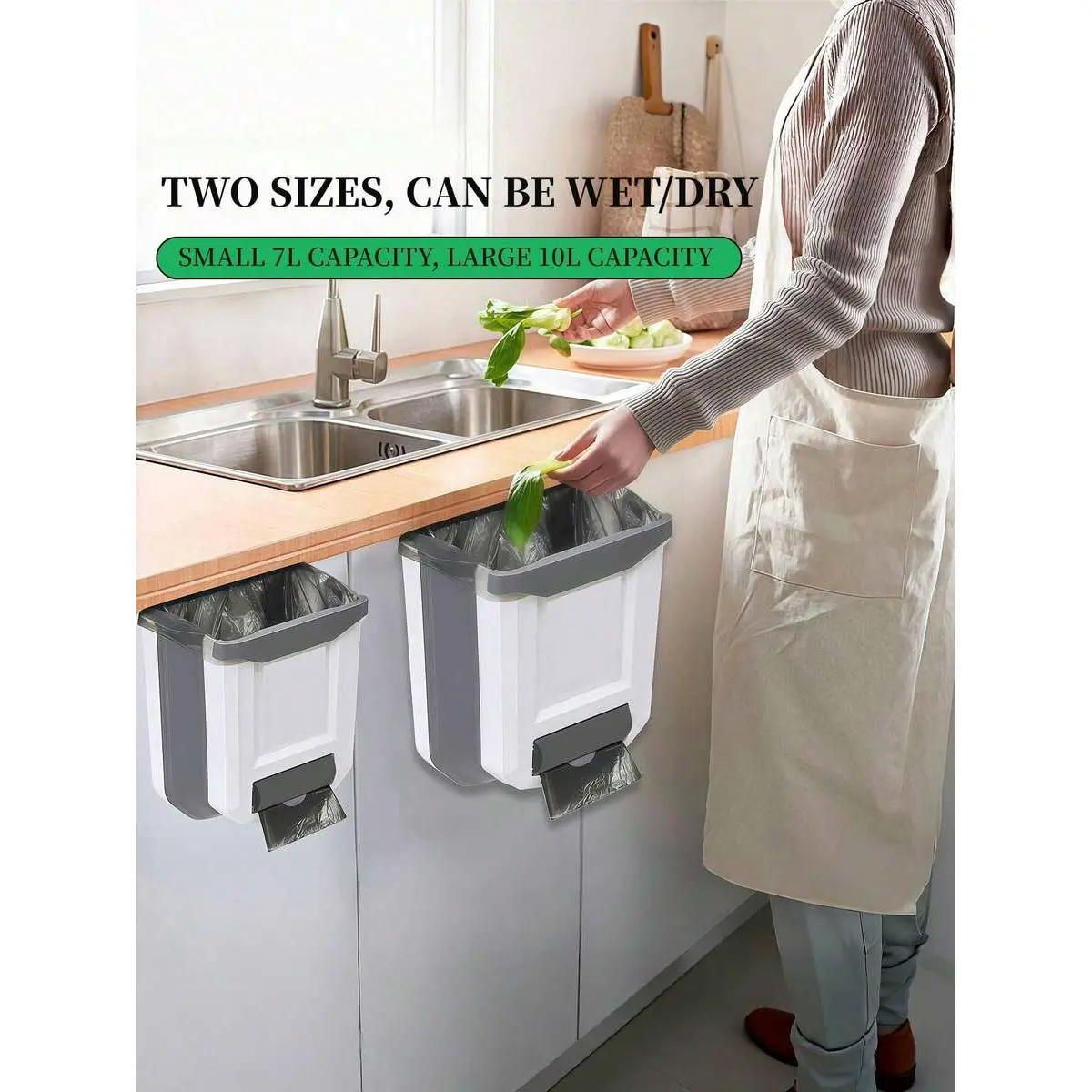 1 Space Saving Large Foldable Hanging Trash Can - Wall Mounted Kitchen Cabinet Door Wastebasket With Creative Sorting Function, Modern Kitchen Accessories, Foldable Kitchen And Bathroom Trash Can For Office, Bedroom, Easy To Carry, White
