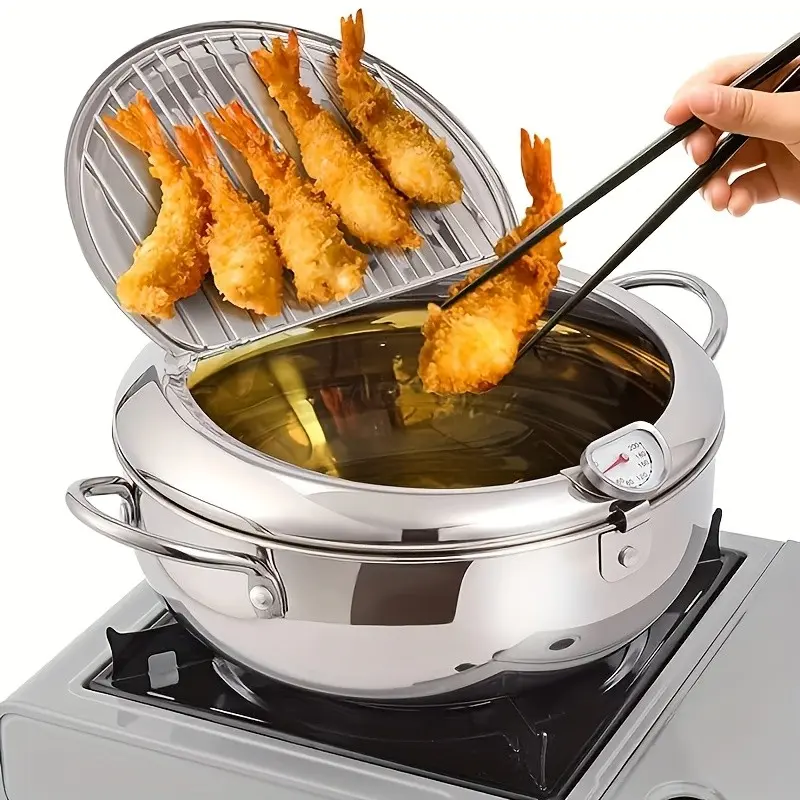 Stainless Steel Japanese Tempura Deep Fryer Pan with Integrated Thermometer, Compatible with Induction Cooktops, Requires No External Power Source, Premium Kitchen Cookware