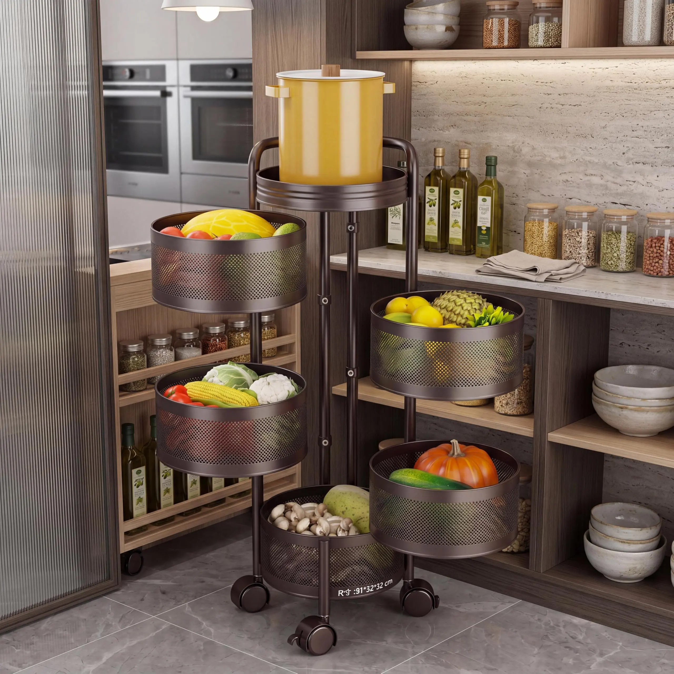 Garvee 5-Tier Rotating Kitchen Storage Rack with Wheels - Thickened Carbon Steel Organizer - No Assembly Needed - Multi-Purpose Basket Shelf for Fruit, Vegetables, or Snacks - For Kitchen, Bathroom, or Living Room