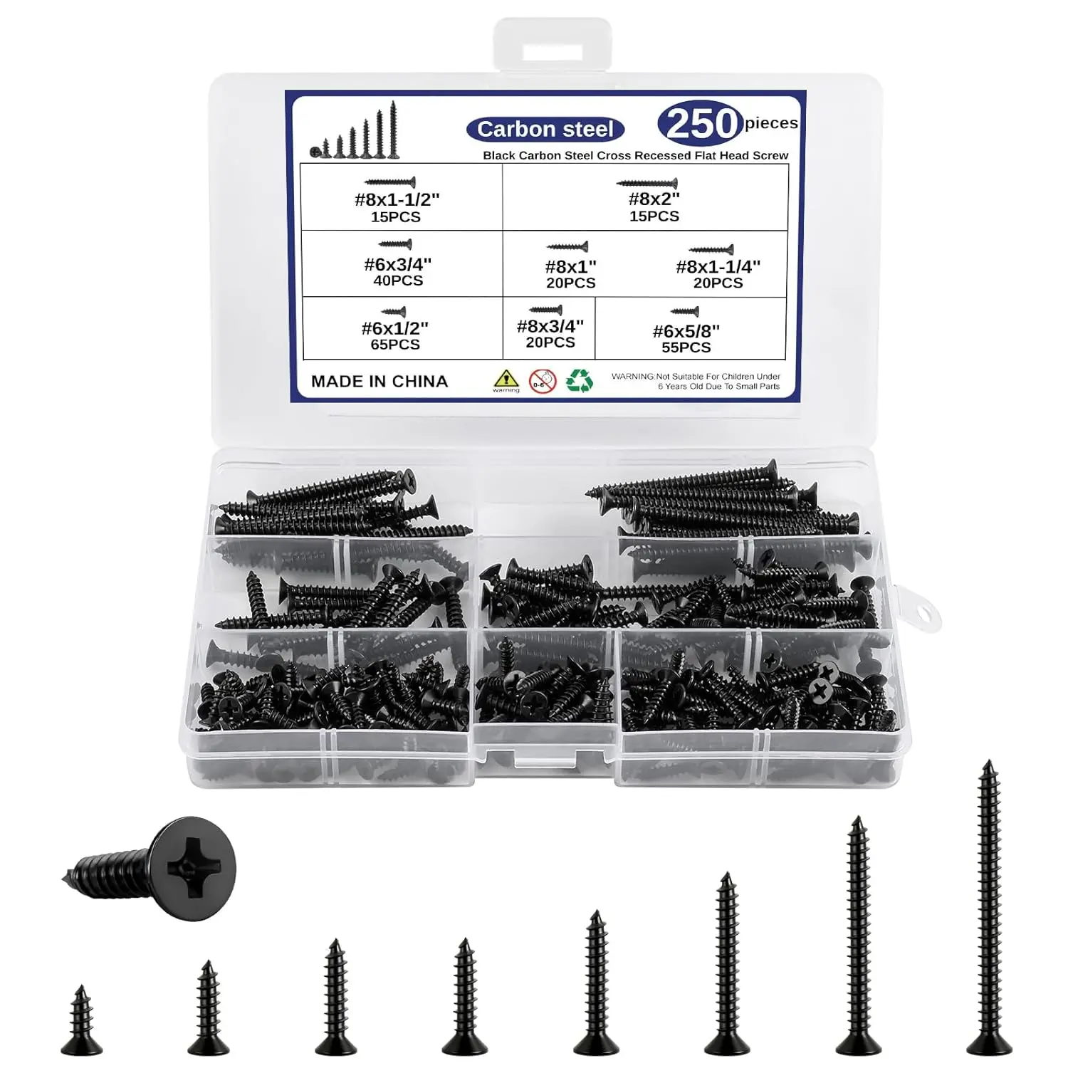 250 count  Screws  Kit, #6#8 Black Screws,  Recessed Flat ,  Screws,  Screws, Screw Set (2", 1-1/2", 1-1/4", 1", 3/4", 5/8", 1/2")
