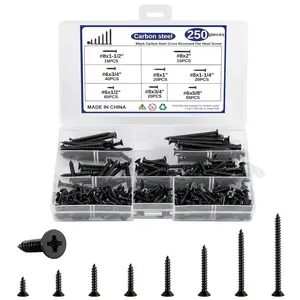 250 count  Screws  Kit, #6#8 Black Screws,  Recessed Flat ,  Screws,  Screws, Screw Set (2", 1-1/2", 1-1/4", 1", 3/4", 5/8", 1/2")
