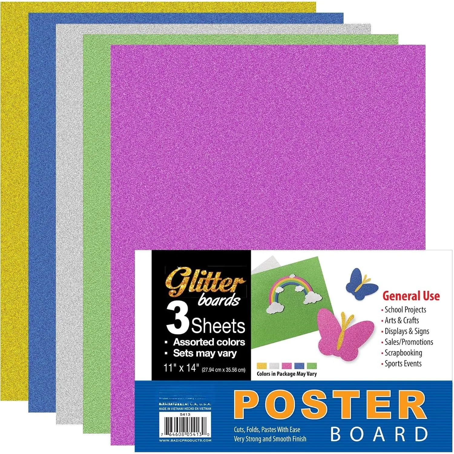 Glitter Poster Board, 11 x 14 in, 3 Ct | smooth matte acid-free surface for school, pack of 3 glitter poster board sheets, sparkly glitter finish