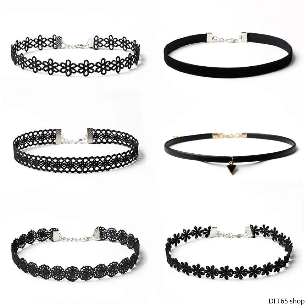 Black Gothic Choker Necklace Geometric Tiny Floral Metal Ornament Smooth Matte Alloy Band Adjustable Fastener Slim Close Fit Silhouette For Women Daily Dark Retro Minimalist Personalized Decorative Short Neck Jewelry