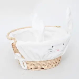 Small Easter Basket, Handwoven Wicker Easter Bunny Basket with Handle and Detachable Liner, Cute -Shaped Easter Basket for Boys and Girls (Small)