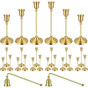 24PCS Brass Gold Taper Candle Holders Set, Vintage Candlestick Holders Plus Candle Snuffer for Table Centerpiece,Wedding Reception,Festive Christmas Mantel Decoration
