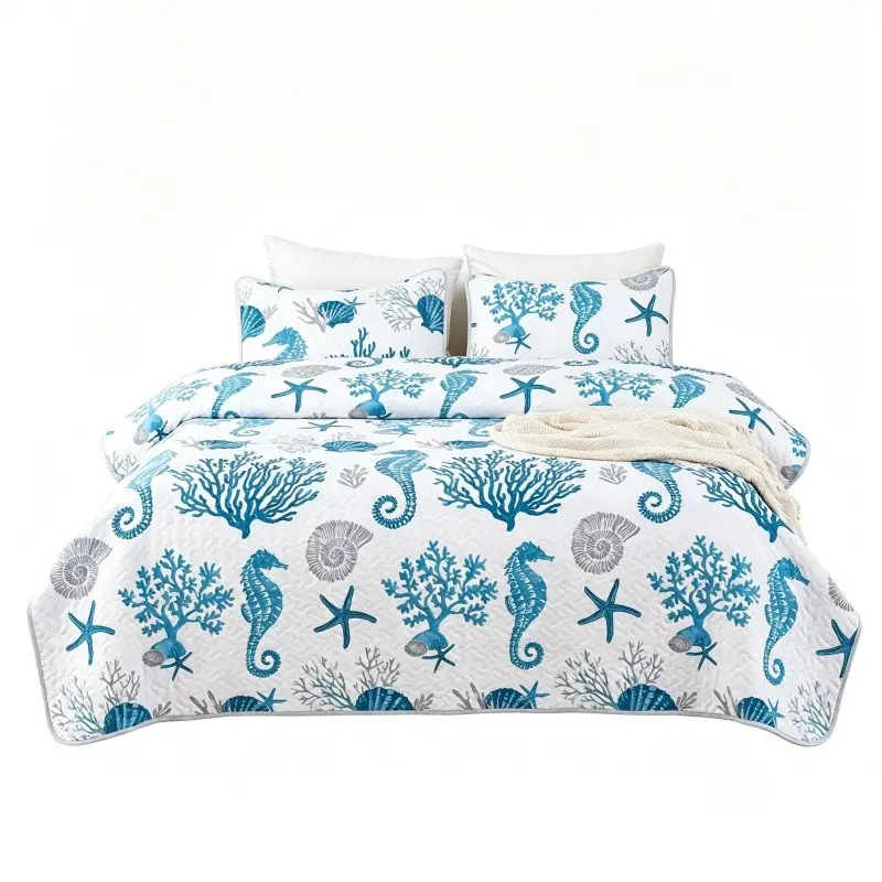 Ocean Theme Quilt Set, Seahorse Coral Starfish Print, Breathable Lightweight Bedding, Soft Reversible with Pillowcase, All Seasons