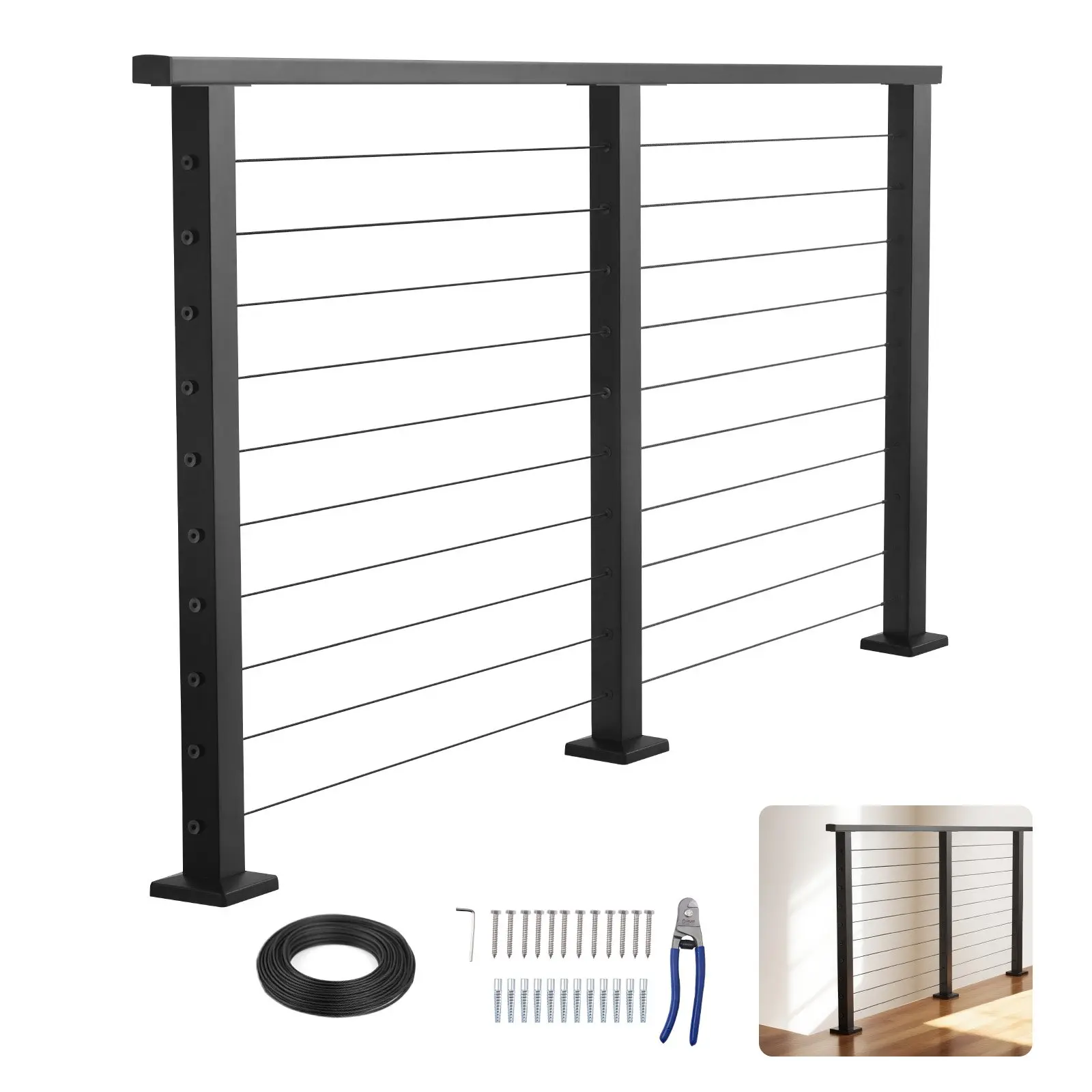 VEVOR Matte Black Stainless Steel Complete Cable Railing Kit - 6.5 ft, 36 in Tall Cuttable Handrail with Post, 82 ft Cable, 3.19-in Spacing, Easy Installation for Stairs, Deck (Indoor/Outdoor Level Drilled System), Balcony