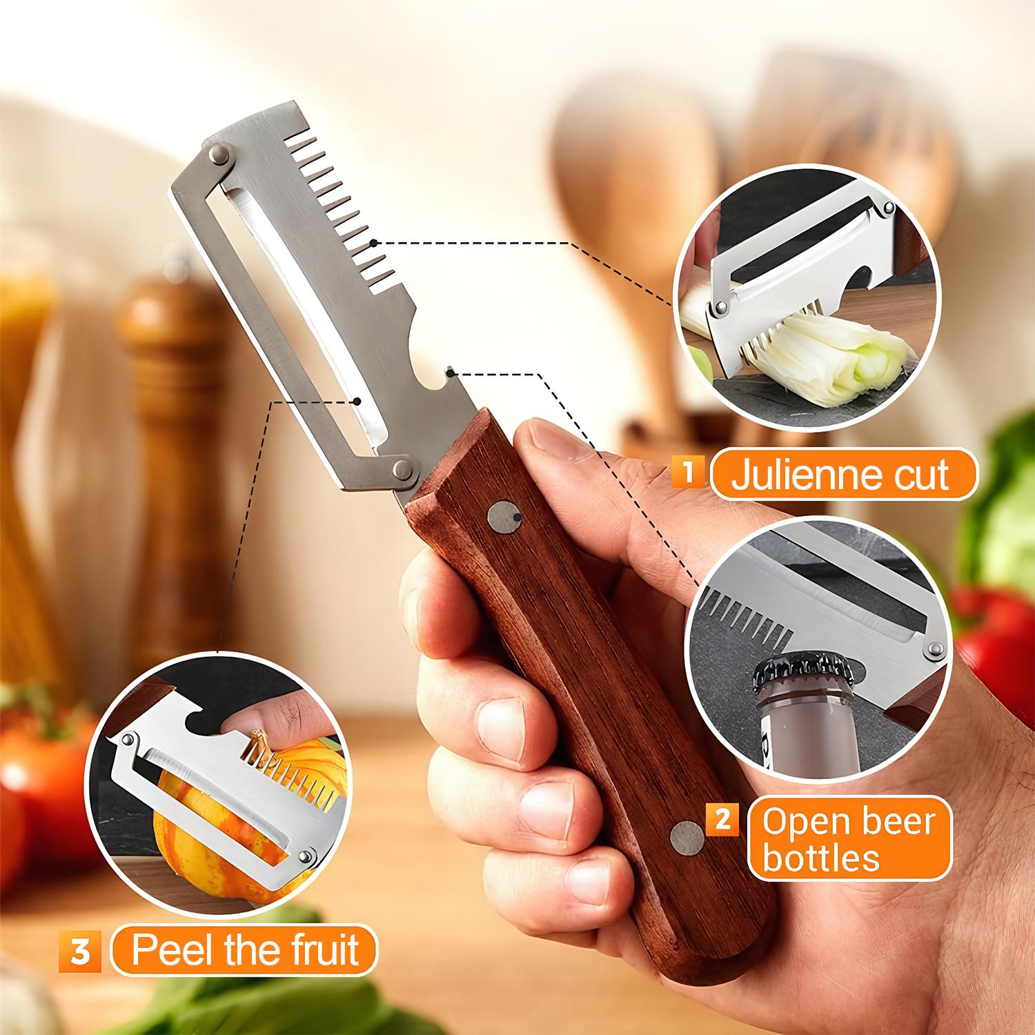 3-in-1 Multi-Function Vegetable Fruit Peeler, Wooden Comfort Grip Handle, Stainless Steel Blade, Julienne Slicer Cutter with Bottle Opener, Dishwasher Safe Kitchen Prep Gadget for Potato