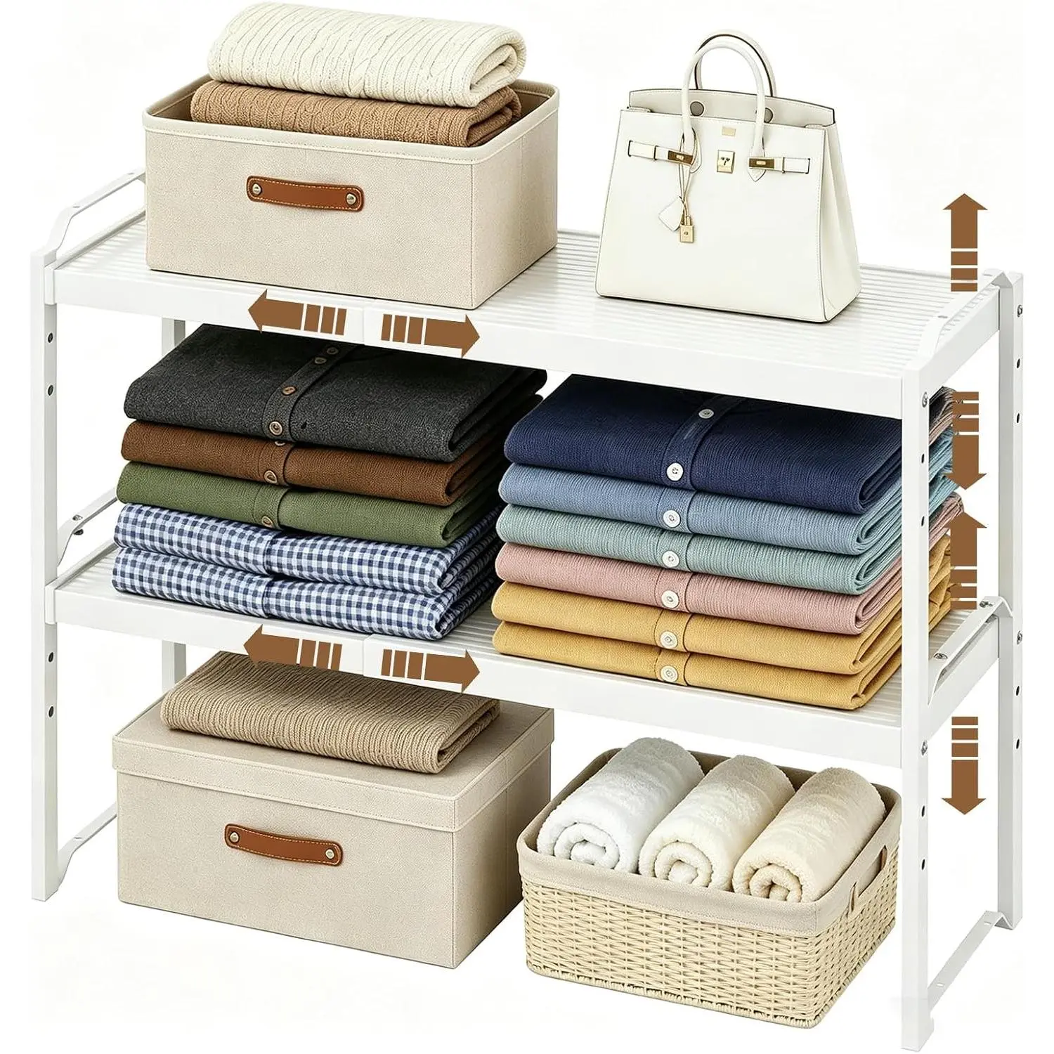 Expandable Stackable Closet Shelf Organizer, Adjustable Length 12.6"–20.5", 3 Height Levels Closet Organizers and Storage, Space Saving Clothes Storage for Wardrobe & Bedroom, 2 Pack