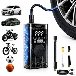 150 PSI cordless air pump for fast inflation, digital display, automatic shut-off when fully inflated, emergency inflator compatible with various vehicles and sports balls, LED night emergency lighting, multi-nozzle set, universal for cars/motorcycles/bal