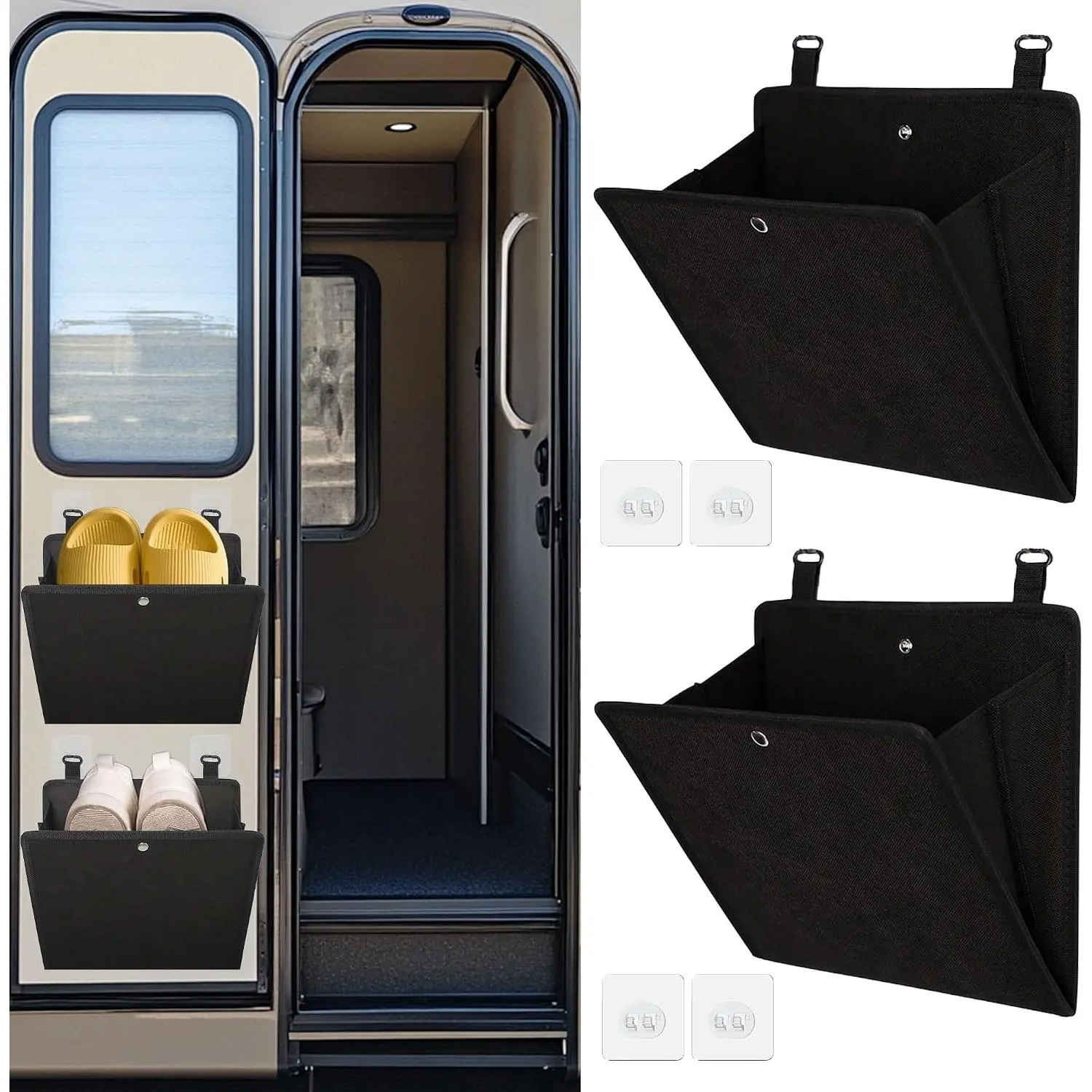 RV Camper Shoe Storage 2 Pack - Foldable Wall Mounted Shoe Rack Organizer - Self-Adhesive Rv Shoe Holder - Space Saving for Camper Essential  Travel with Deep Pocket Fit 1 Pair Shoes, Black
