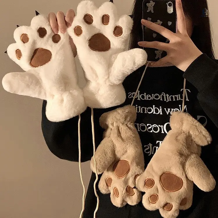 Women Cute Cartoon Paw Plush Gloves, Neck‑Hung Fleece Lined Winter Mittens, Thick Warm Cold‑Proof Cat Paw Gloves for Students Cycling Daily Outdoor Wear