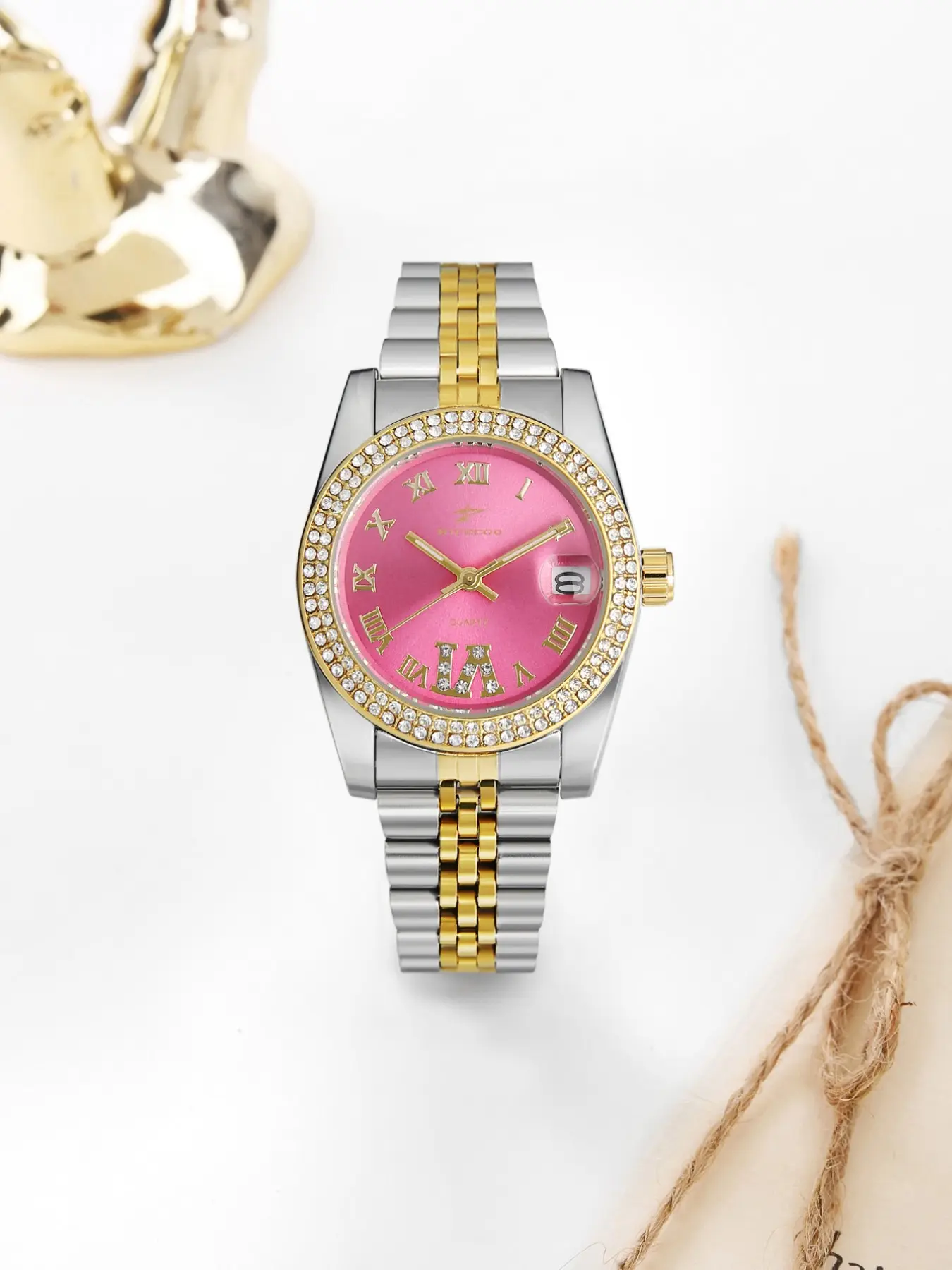 Elegant Women's Luxury Diamond-Embedded Office Watch, Unique High-End Style, Calendar Steel Band, Analog Round Face, Rhinestone Quartz Wristwatch