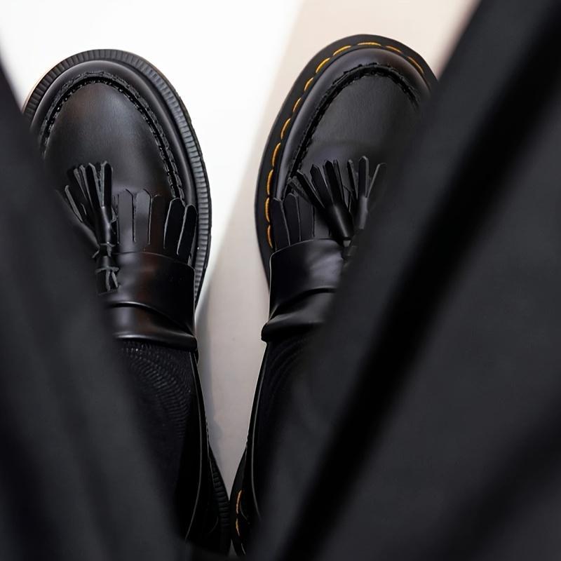 (New)Classic Black Tassel Penny Loafers for Couples - Comfortable Business Casual Shoes with Cork Insole, Durable PU Cover & Chunky Heel Design, Rounded Toe, All-Season Wear, Comfortable Footwear |     Tassel Detail |     Durable Construction, Dressy Sh