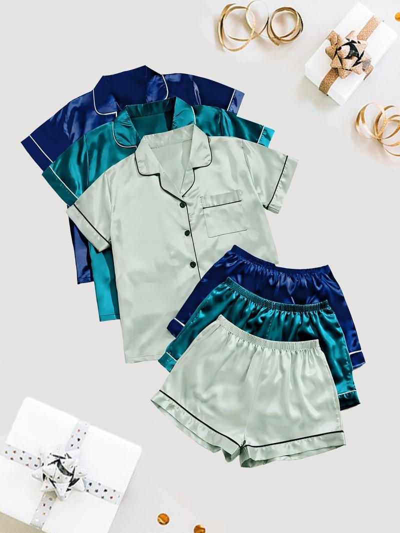 Women's Solid Satin Pyjama Set, Short Sleeve Button Front Lapel Shirt & Contrast Binding Shorts PJ Set, Summer Sleepwear Set, Pajamas, Silky Satin Pajama