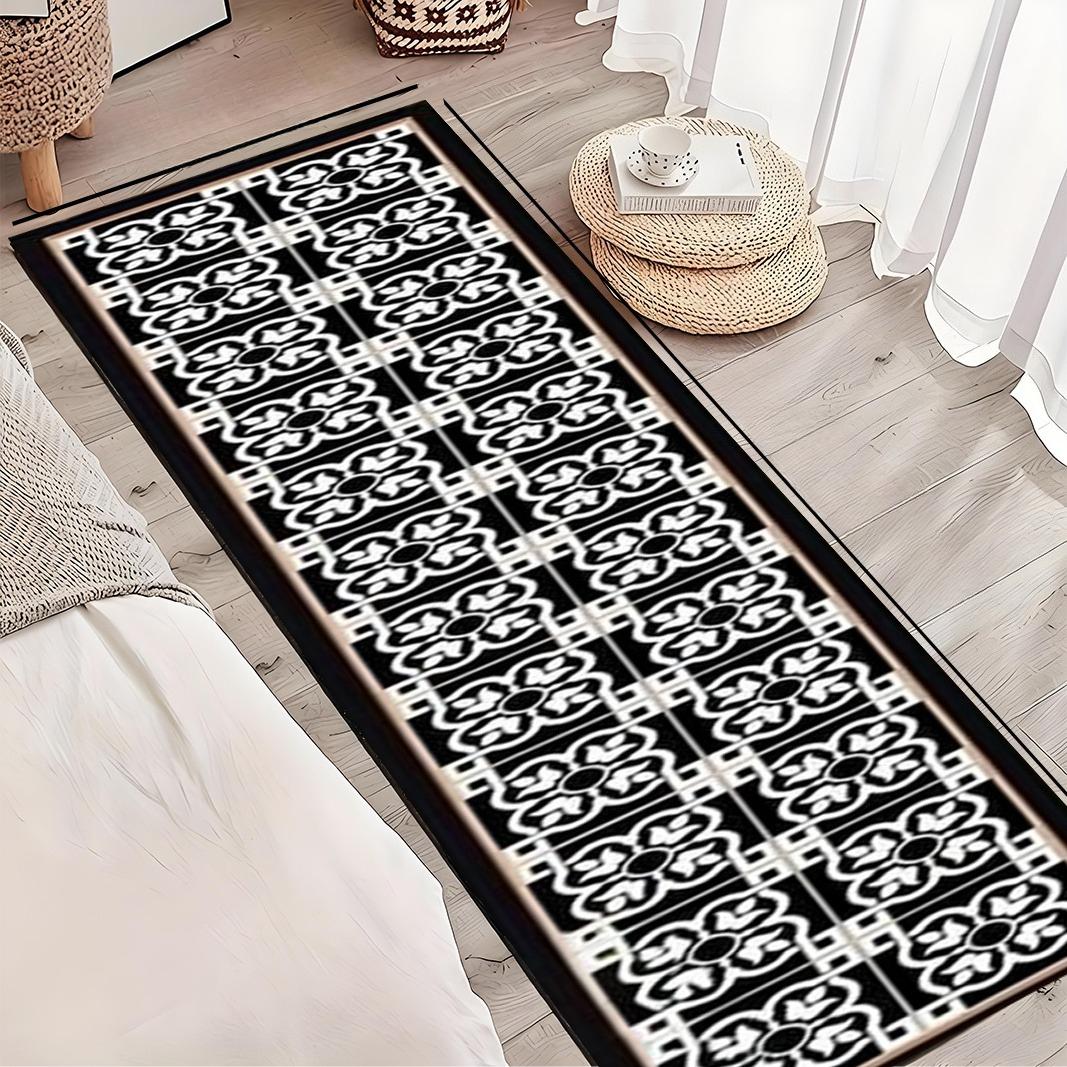 1pc of Black And White Floral Geometric Pattern Vintage Style Kitchen Rug, Hallway Carpet, Long Runner, Soft And Durable, Machine Washable And Easy to Clean,  Non-Slip Backing, Suitable for Kitchen Mats