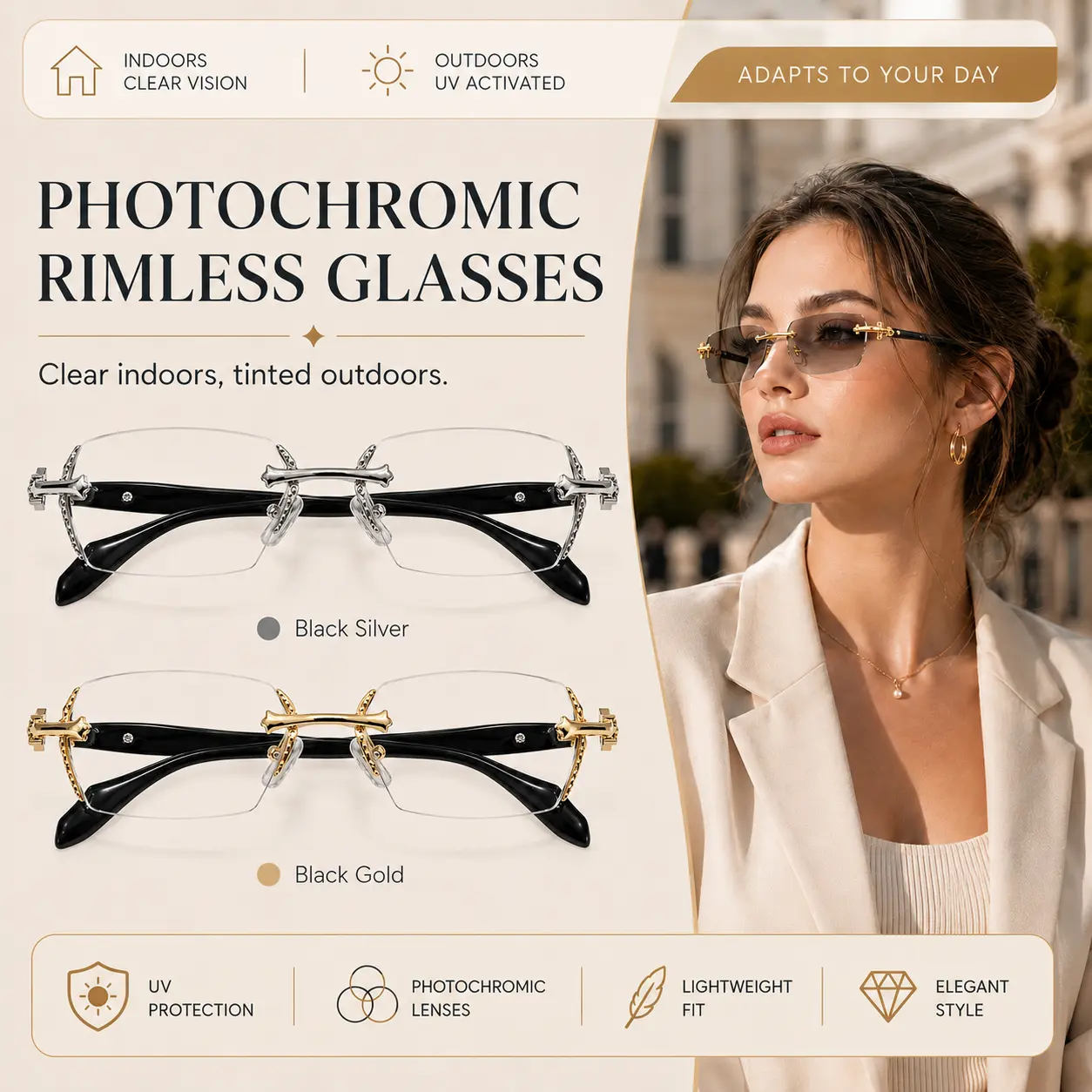 Rimless Blue Light Glasses for Men and Women, Frameless Fashion Eyeglasses with Diamond-Cut Lens Edges and Stainless Steel Decorative Temples, Modern Trendy Unisex Adult Eyewear for Daily Wear, Fathers Day Gift for Men computer work
