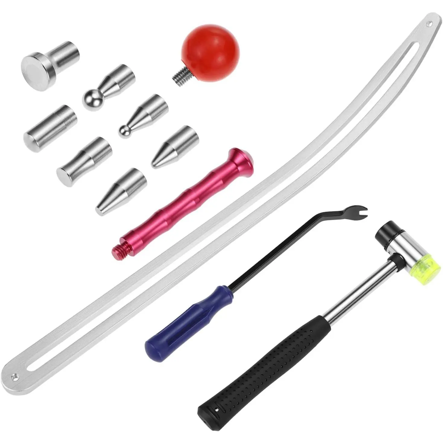 QWORK Car Dent Removal Tool Kit, Stainless Steel Auto Fender Repair Puller, Crowbar Tools Hook Rods, Lifter Big Curved Rod, with Curved Rods, Rubber Mallet, and Hooks