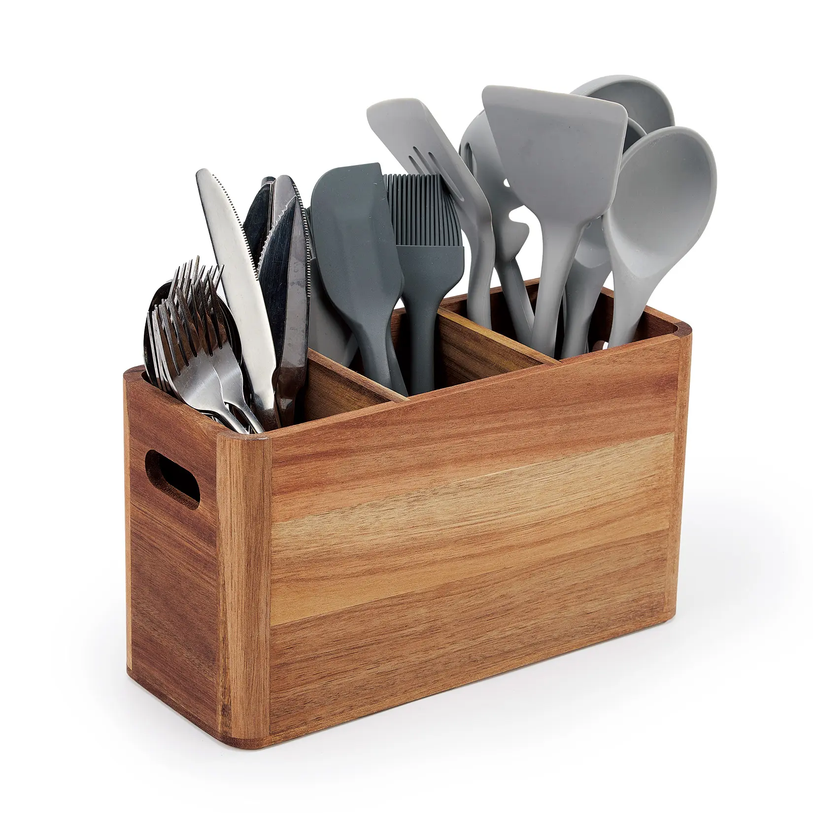 Acacia Wood Utensil Holder, 3-Compartment Kitchen Organiser with Drain Hole, Rustic Farmhouse Rack for Spatulas, Spoons & Cooking Tools