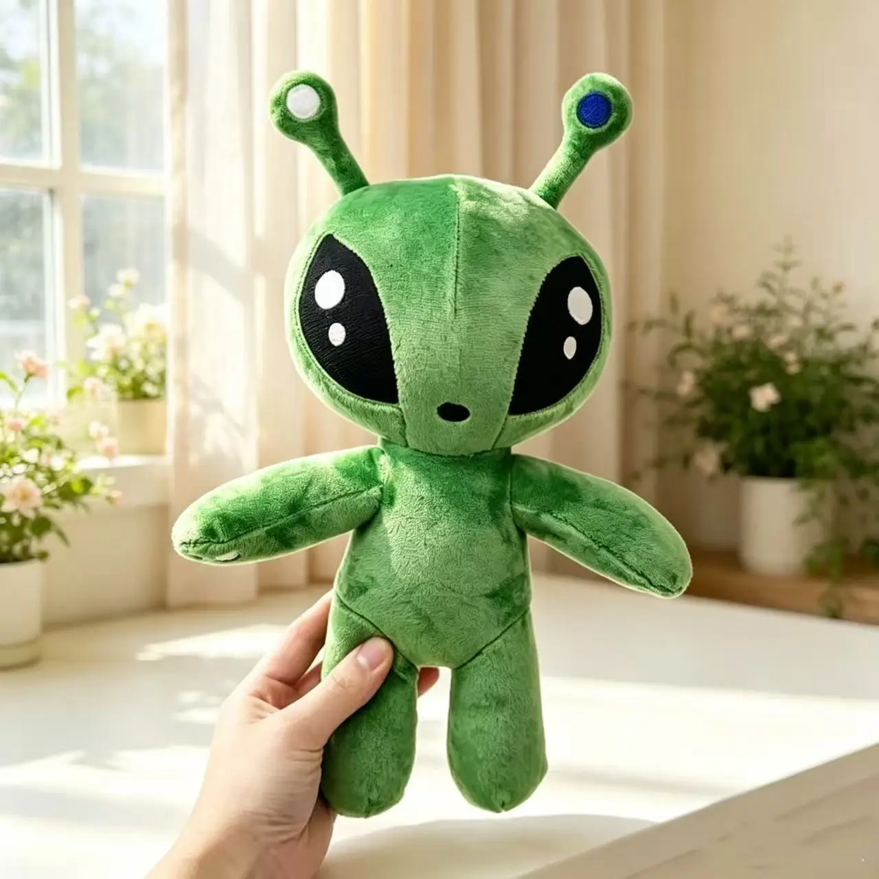 Cute Alien Plush Ornament, Soft Fluffy Alien Figure Decor, Kawaii Space Themed Tabletop & Bedroom Aesthetic Accent, Cosmic Style Home Shelf Display