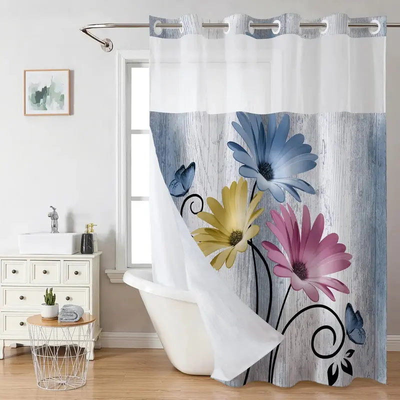 Daisy Print Shower Curtain with Country Retro Look, Hookless Double Layer Waterproof Fabric for Bathroom Decor, 72 x 75 Inch, Flower Shower Curtain