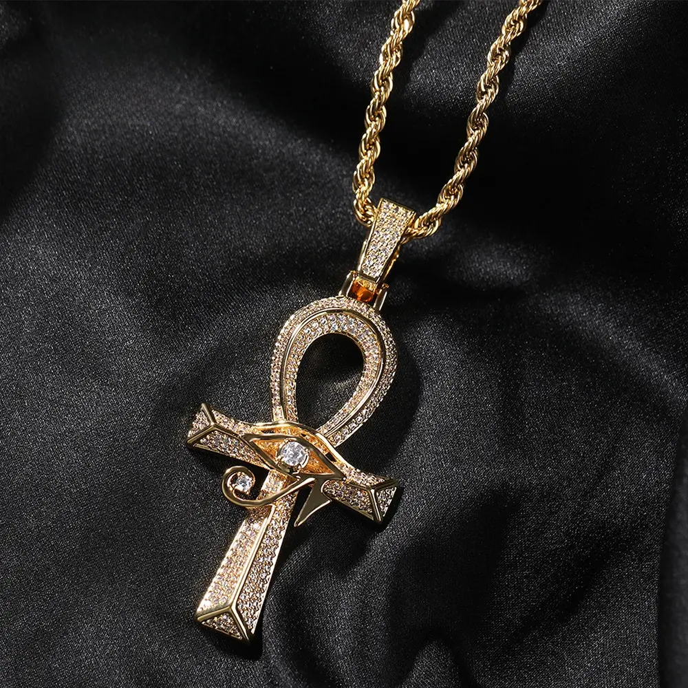 Hip-Hop Style Hypoallergenic Jewelry - Copper Base, Full Diamond Electroplated, Eye of Horus & Ankh Cross Inlaid Pendant, Retro Versatile, Non-Fading, Daily Wear Ankh Eye Charm