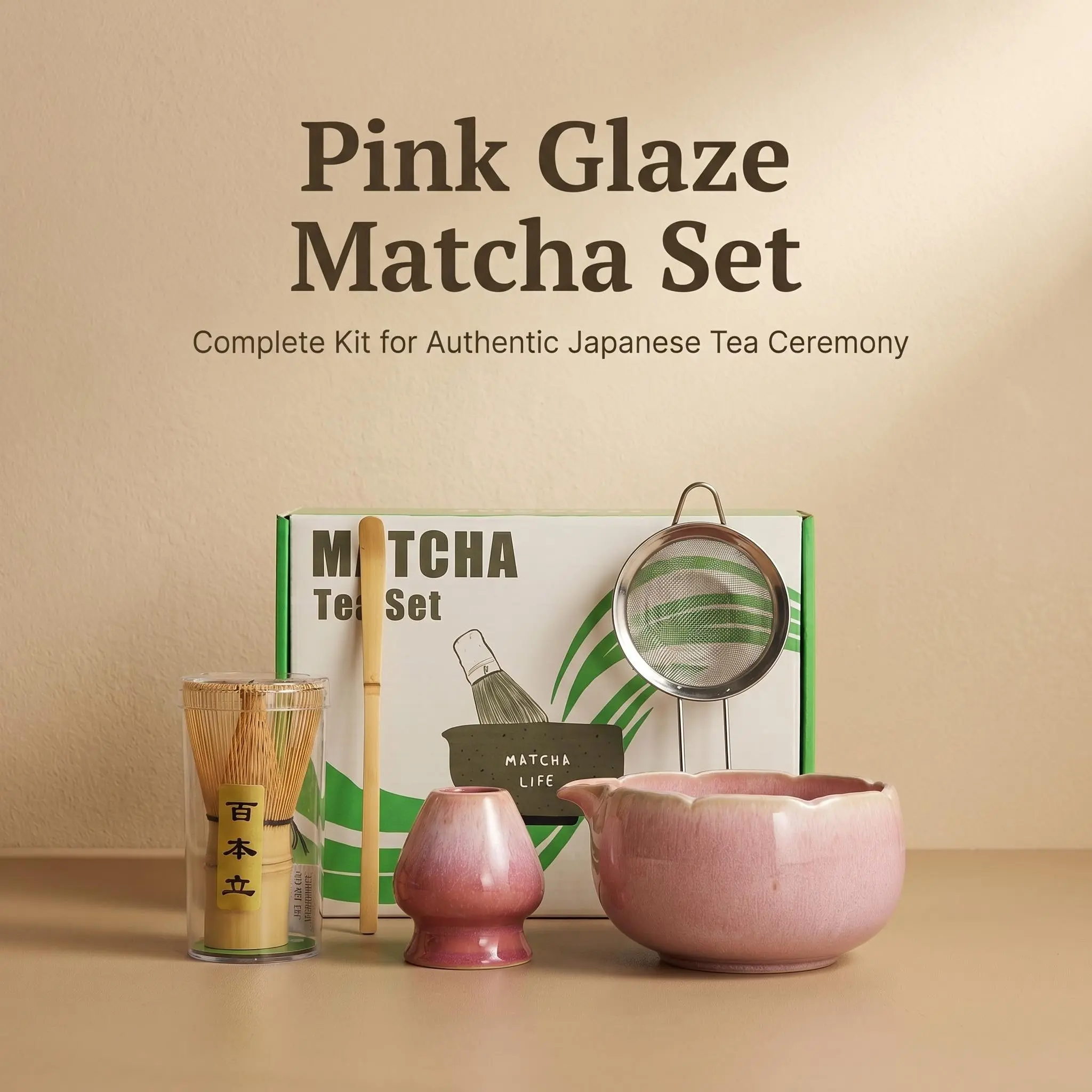 Matcha Whisk Set, Ceramic Matcha Kit, Japanese Tea Tools, Includes Matcha Bowl, Bamboo Whisk, Tea Sieve, Teaspoon, 5-Piece Set, Gradient, Gift for Beginners