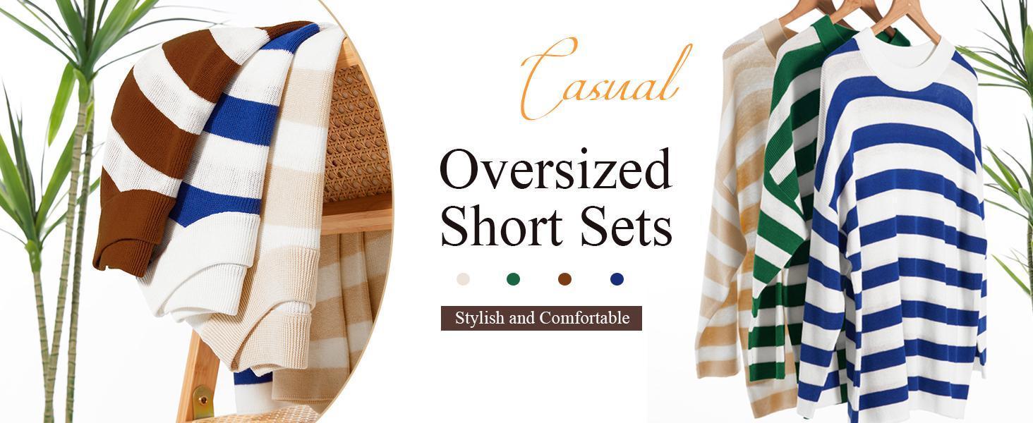 【XL-5XL】Imily Bela Curve Womens Plus Size Lounge Sets Striped Knit 2 Piece Sweater Set Long Sleeve Tops and Shorts Oversized Outfits