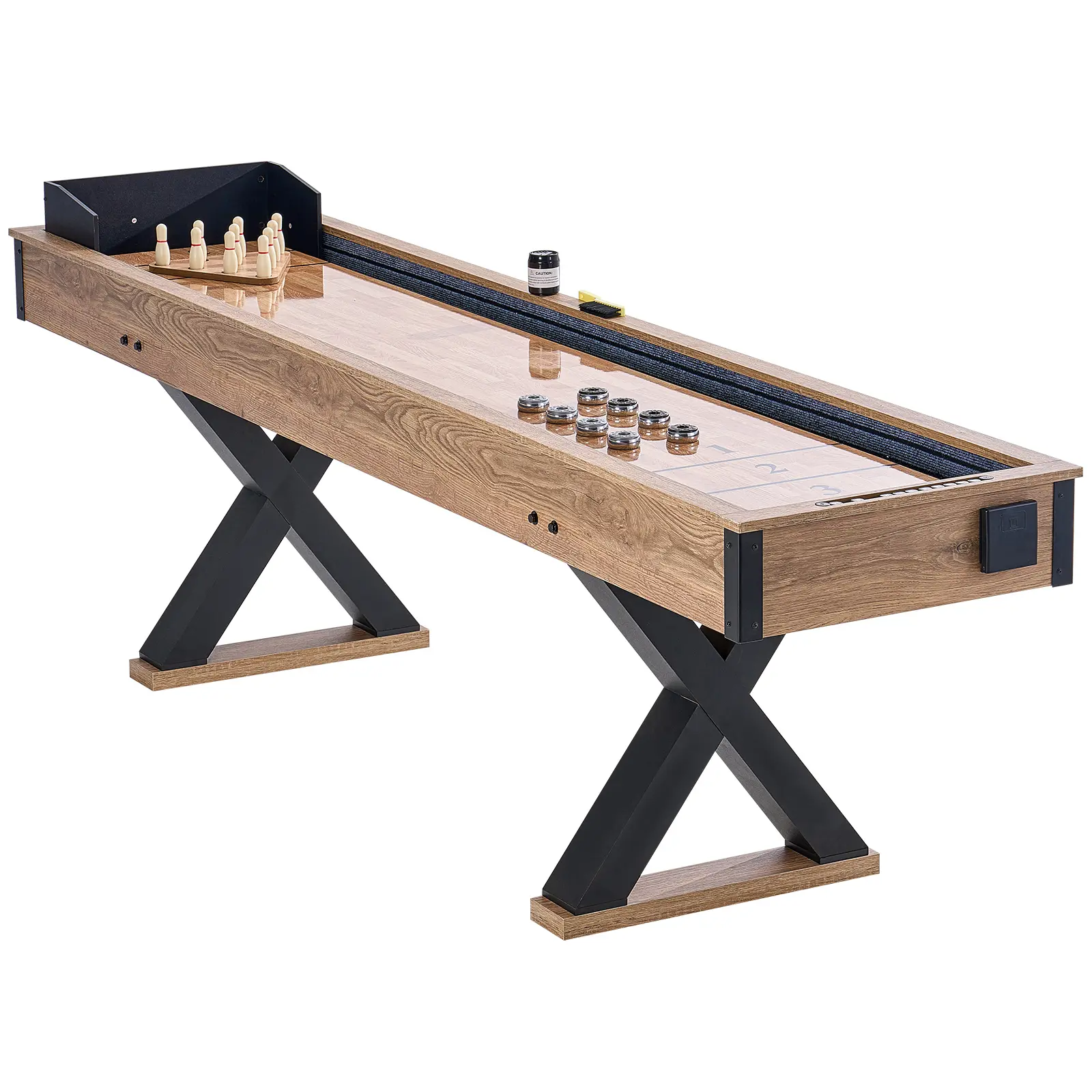 Shuffleboard Table, 9 ft Shuffleboard for Family Game Rooms, 2 in 1 Shuffleboard and Bowling Combo Game Set, with Scratch-Resistant Playfield, Legs, 8 Pucks, Bowling Set, Wax, and Table Brush